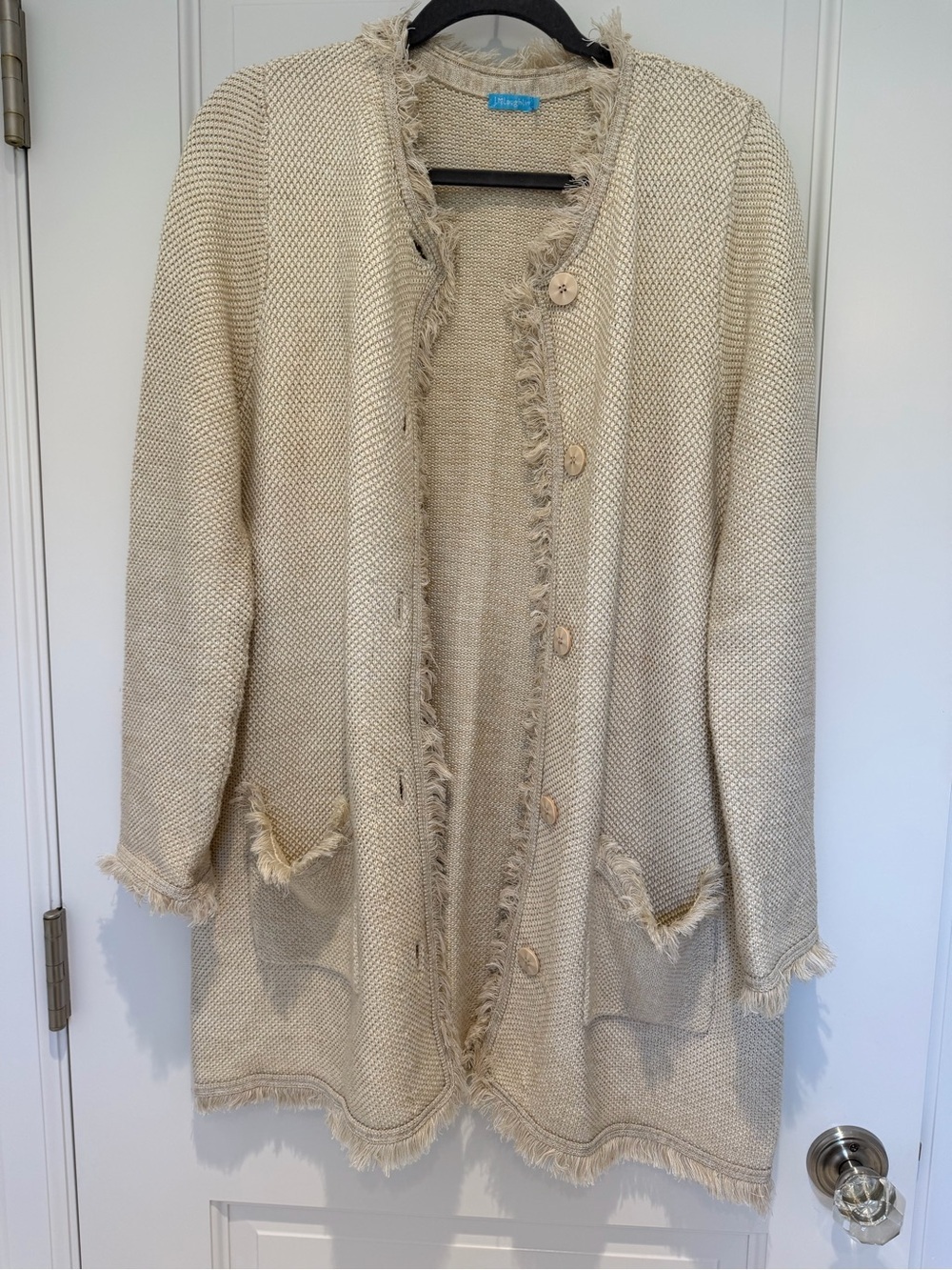 J. McLaughlin Beige/Ivory Frayed-Trim Long Knit Cardigan